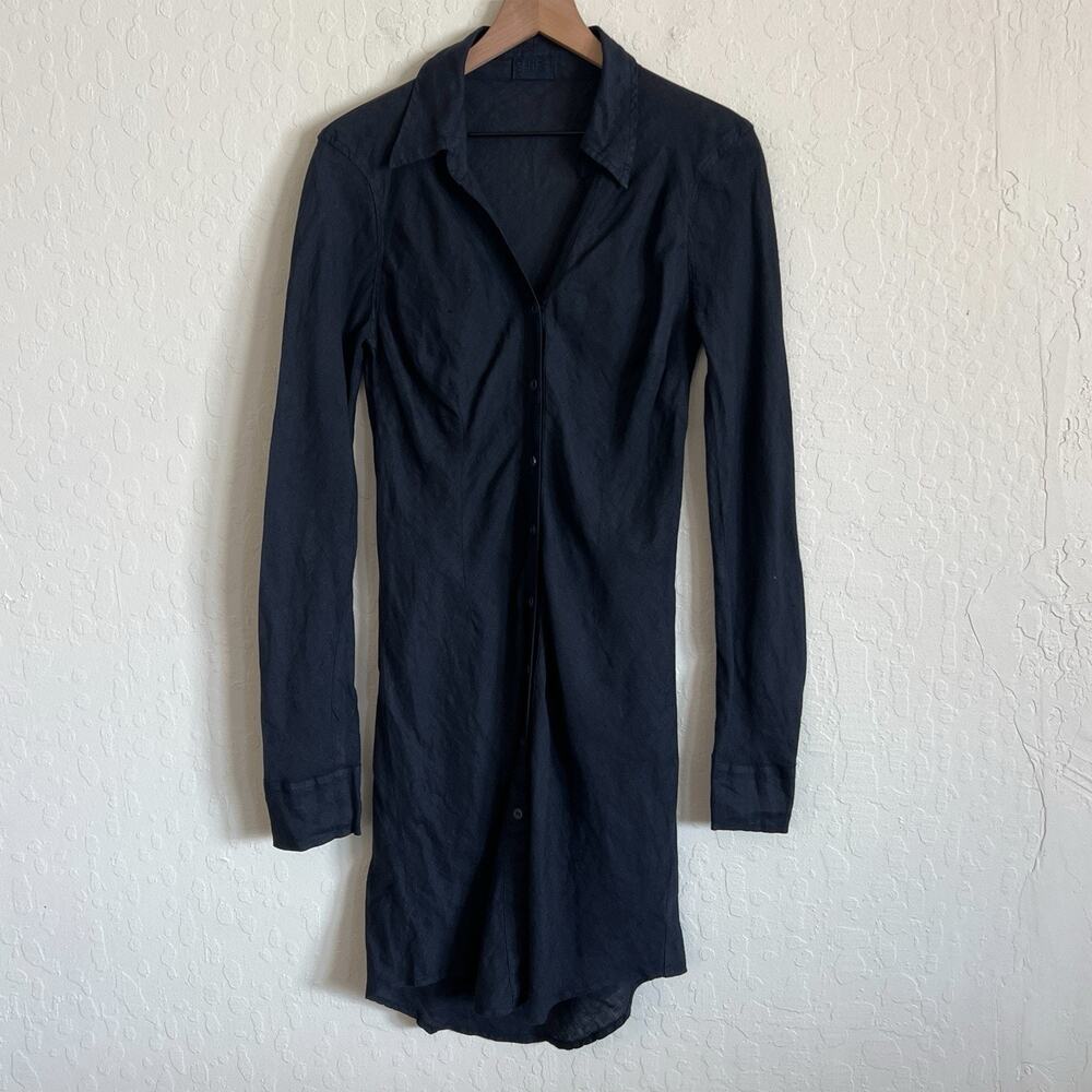 CP Shades 100% Linen Long Sleeve Button Front Collared Shirt Dress Small Navy